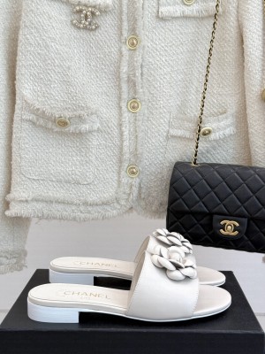 Chanel Lambskin Leather Flat Slides Sandal with Camellia White 2025