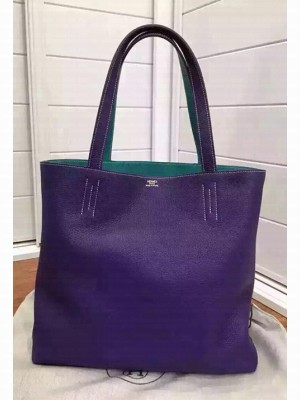 Hermes Double Sens Shopping Tote Bag In Original Togo Leather Dark Purple/Green