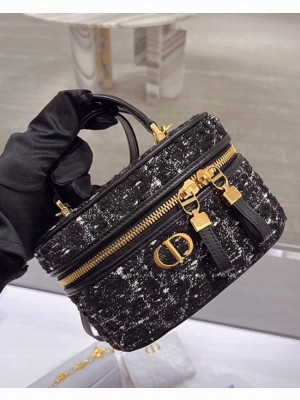 Dior Caro Mini Vanity Case Black Cannage Tweed  S5198U