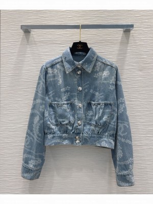 Chanel Women's Pearl Chain Print Denim Jacket Blue