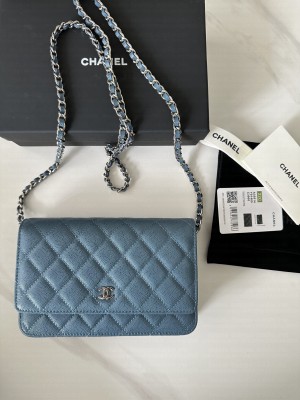 Chanel Caviar Leather & Silver-Tone Metal Wallet On Chain WOC Bag A33814 Blue