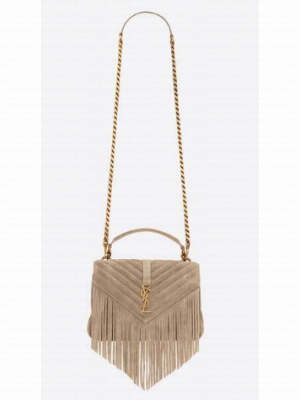 SAINT LAURENT COLLEGE MEDIUM CHAIN BAG IN LIGHT SUEDE WITH FRINGES 5317050 DUSTY GREY