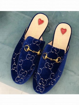Gucci Women's Princetown Horsebit Slipper GG Velvet Blue