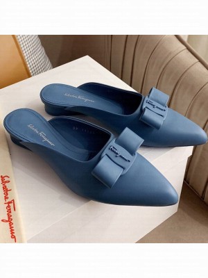 Salvatore Ferragamo Viva Lambskin Bow Mules Blue Spring/Summer 2021 Collection