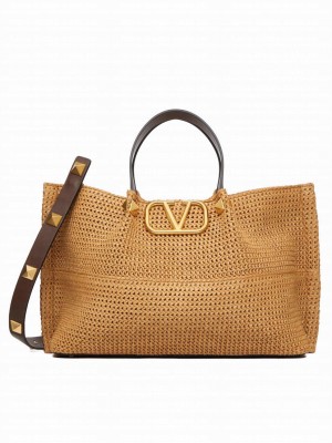 Valentino Medium Shopping Bag In Synthetic Raffia Mauve