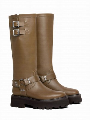 Celine Women's Bulky Biker High Boot In Calfskin Khaki