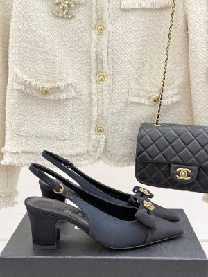 Chanel Camellia Bowknot Chunky Heel Slingback Sandals blue 2025 
