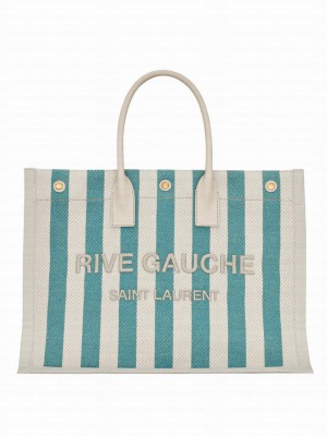 Saint Laurent Rive Gauche Tote Bag In Striped Canvas And Smooth Leather Blue