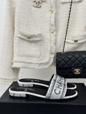 Chanel Crystals Flat Slide Sandals with Logo Band White 2024
