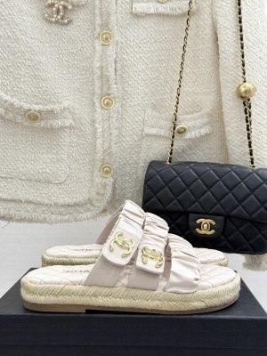 Chanel Three-Strap Buckle Espadrilles Slide Cream 2025
