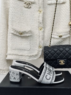 Chanel Crystals 6cm Mule Slide Sandals with Logo Band White 2024