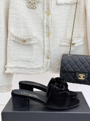 Chanel Velvet Heel Slides Sandal 5cm with Camellia Burgundy 2025
