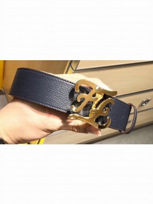 Fendi Width 4cm Leather Belt with FF Karligraphy Buckle Dark Blue/Gold