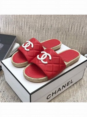 Chanel Quilted Lambskin Flat Espadrilles Slide Sandals Red Spring/Summer 2021 Collection