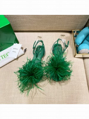 Bottega Veneta FEATHER DOT Leather and ostrich feather flat sandals Grass Green 2021 Collection