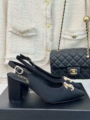 Chanel Satin Slingback Chunky Heel 7cm Pumps Black