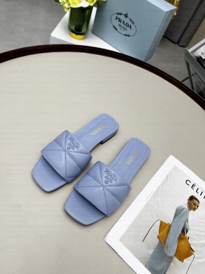 Prada Calfskin Leather Flat Slide Sandals 2022 Collection Light Blue