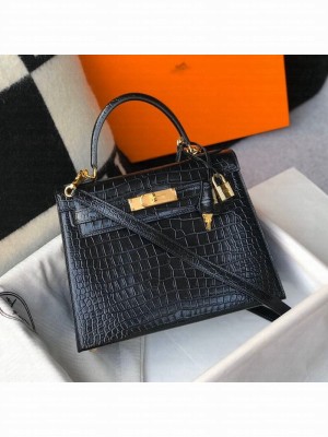 Hermes Kelly 25/28cm in Crocodile Embossed Calf Leather Black/Gold 2019 (Half Handmade) Collection