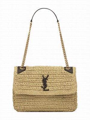 Saint Laurent Niki Medium Chain Bag In Raffia And Leather Apricot
