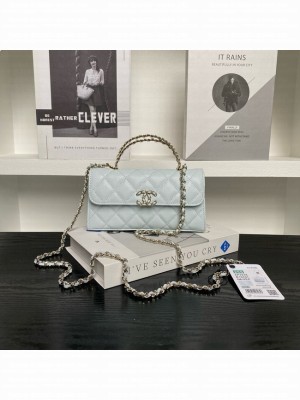 Chanel MINI FLAP BAG CLUTCH WITH CHAIN Gold-Tone Metal AP3238 light blue