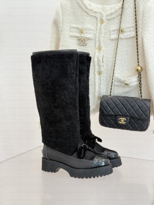 Chanel Shearling Lambskin & Patent Calfskin Black High Boot