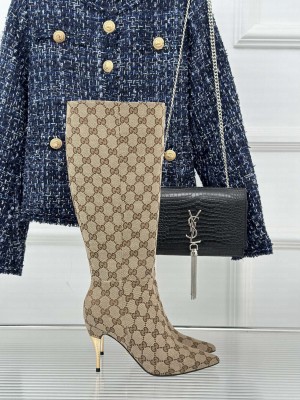 Gucci Metal-Tone Heel High Boots 8.5cm in GG Canvas Beige 2023