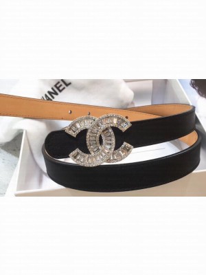 Chanel Width 2cm Crystal CC Logo Buckle Leather Belt Black