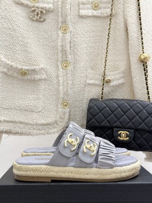 Chanel Three-Strap Buckle Espadrilles Slide Gray 2025