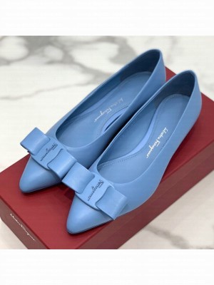 Salvatore Ferragamo Viva Lambskin Bow Flat Ballerinas/Wedge Pumps Blue Spring/Summer 2021 Collection