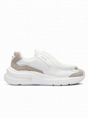 Prada Unisex Systeme Brushed Leather Sneakers With Bike Fabric And Suede Elements White