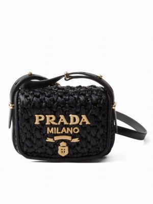 Prada Crochet And Leather Shoulder Bag Black