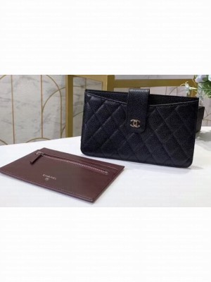 Chanel Classic Pouch Clutch Bag With Card Holder A81902 Grained Calfskin Black/Silver