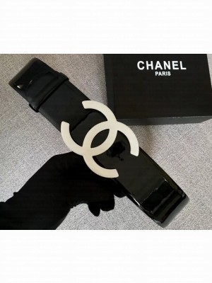 Chanel Width 5.3cm Patent Leather Belt Black with White CC Logo