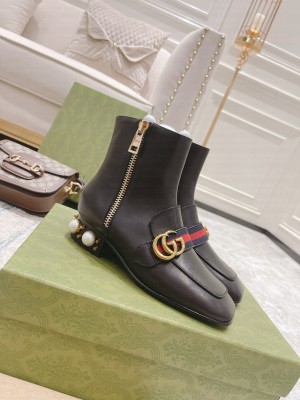 Gucci Women's 35mm Double G GG pearl and studs ankle boot 2021 Collection