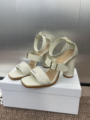 Dior Dway Heeled Sandals 9.5cm in White Calfskin and Embroidered Cotton 2025