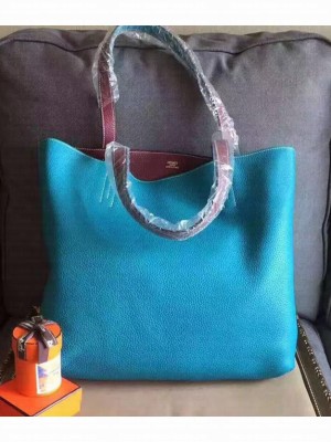 Hermes Double Sens Shopping Tote Bag In Original Togo Leather Blue/Burgundy