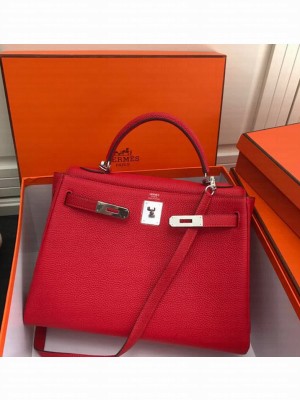 Hermes Kelly 25 Bag in Calf Leather with Gold/Silver Hardware Bright Red