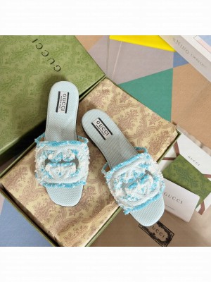 Gucci Interlocking G Flat Slide Sandals in Frayed Canvas with Fringe Blue 2024