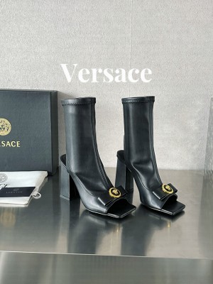 Versace Gianni Ribbon Open Ankle Boots 10.5cm in Strentch Leather Black