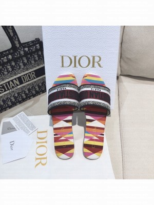 Dior Dway Flat Slide Sandals in Multicolor Patchwork Embroidered Cotton 2021 Collection 