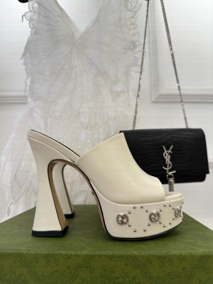 Gucci Leather Platform Slide Sandal 15cm with Interlocking G Studs 2023 White