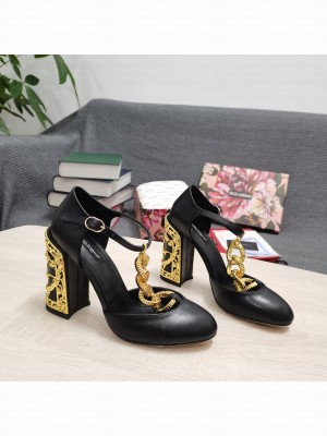 DOLCE & GABBANA LOGO HEEL 10.5CM CHAIN LEATHER T-STRAP PUMPS 2022 BLACK