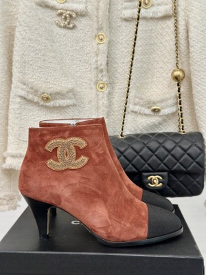 Chanel Suede Grosgrain,Embroidered logo 7cm Ankle Boots Burgundy/Black 2024