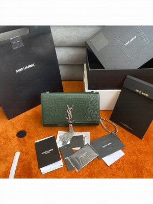 Yves Saint Laurent KATE CHAIN WALLET WITH TASSEL IN CROCODILE-EMBOSSED SHINY LEATHER 452159B blackish green