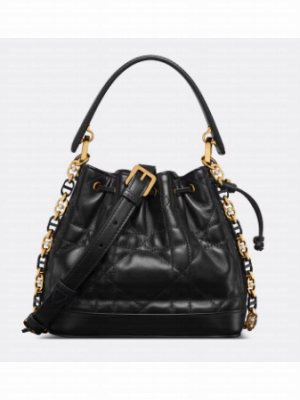 Small Dior Jolie Bucket Bag Black Calfskin and Macrocannage Lambskin M2780UN