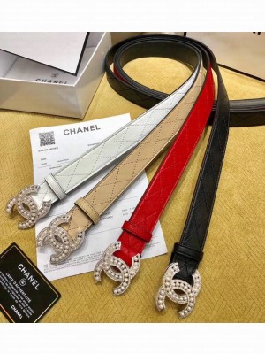 Chanel Width 3cm Pearl CC Logo Silver Buckle Quilting Leather Belt
