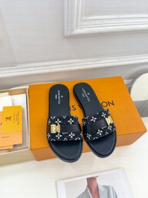 Louis Vuitton Lock It Flat Slide Sandals in Monogram Canvas 2023 Black