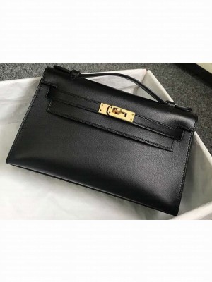 Hermes Kelly 22 Clutch Bag In Original Swift Leather Black