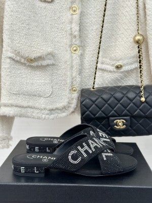 Chanel Rhinestone Letter Cross Strap Slide Flat Black 02