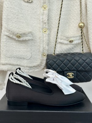 Chanel Velvet with White Maxi Bow and Pearls Flat Black